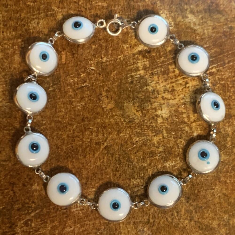 Evil Eye Linked Bracelet Sterling Silver, White and Blue Glass 7.5 Inch Vintage